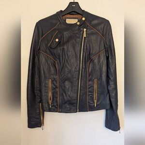 Michael Kors Women's Navy And Cognac Leather Jacket